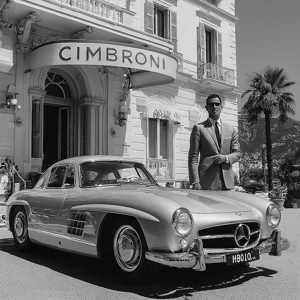 Vintage Mercedes-Benz car in front of a building with 'Cimbroni' sign